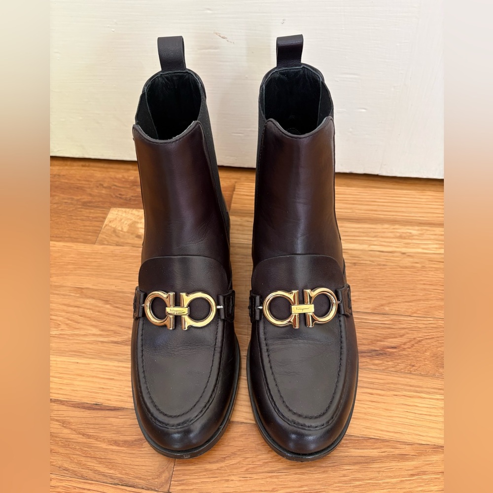 Salvatore Ferragamo Black Leather Ankle Boots with Gold Accent